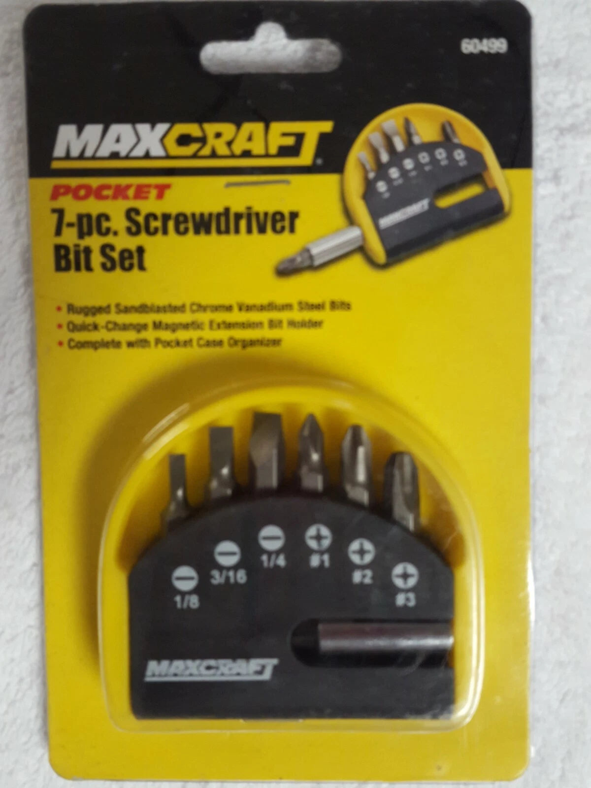 Maxcraft Pocket 7 piece screwdriver bit set new with case Chrome bits & holder