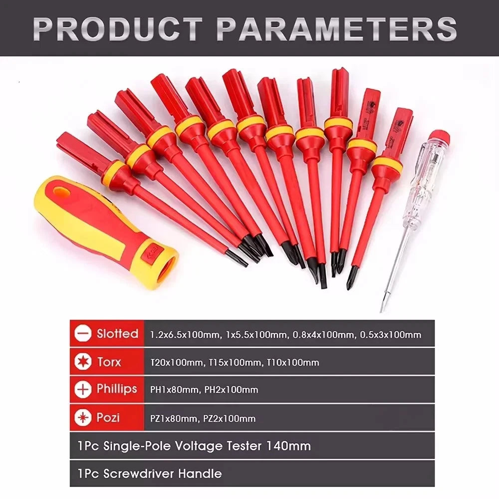 13PCS 1000V Changeable Insulated Screwdriver Set and Magnetic Slotted Bit Repair