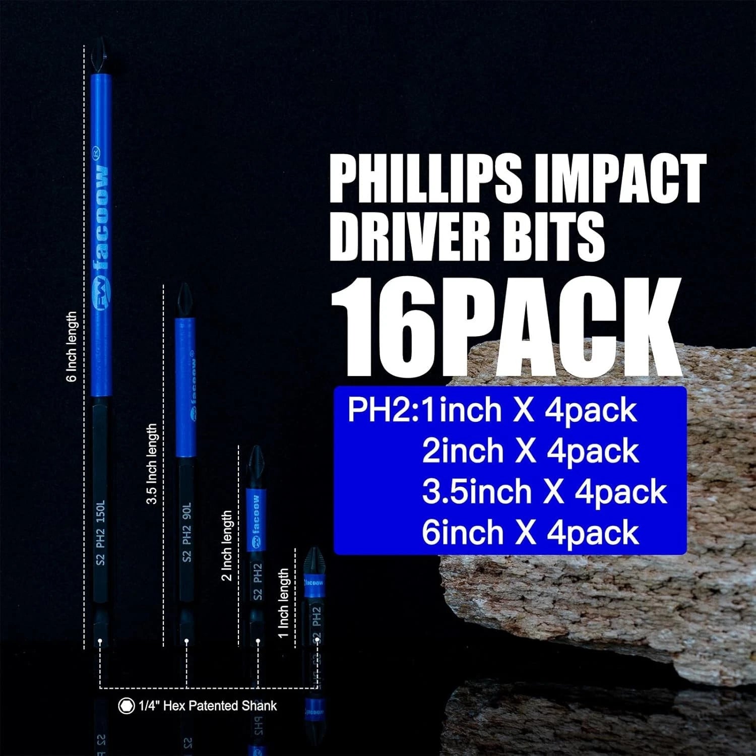 16 Pack Phillips Impact Driver Bits, #2 Head Magnetic PH2, Assorted