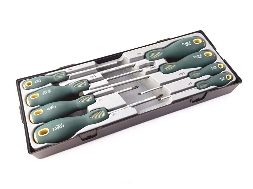 Force T2084YC S2 Steel 8pc Screwdriver Set Model Options: Slot, Phillip, Pozi
