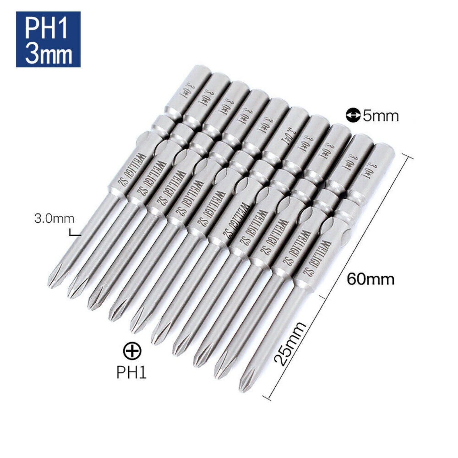 10Pc PH0 PH1 PH2 Phillips Head Screw Bit Set Impact Driver Drill 5mm Round Shank