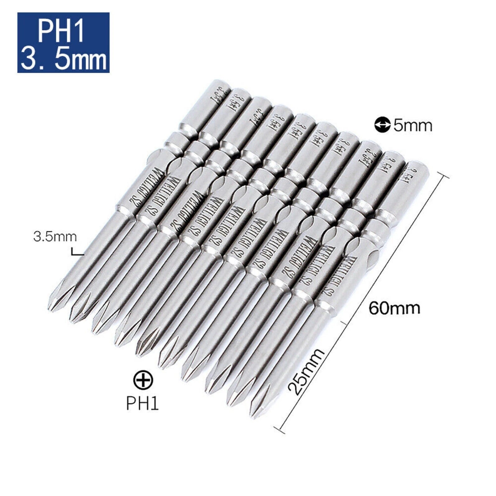10Pc PH0 PH1 PH2 Phillips Head Screw Bit Set Impact Driver Drill 5mm Round Shank