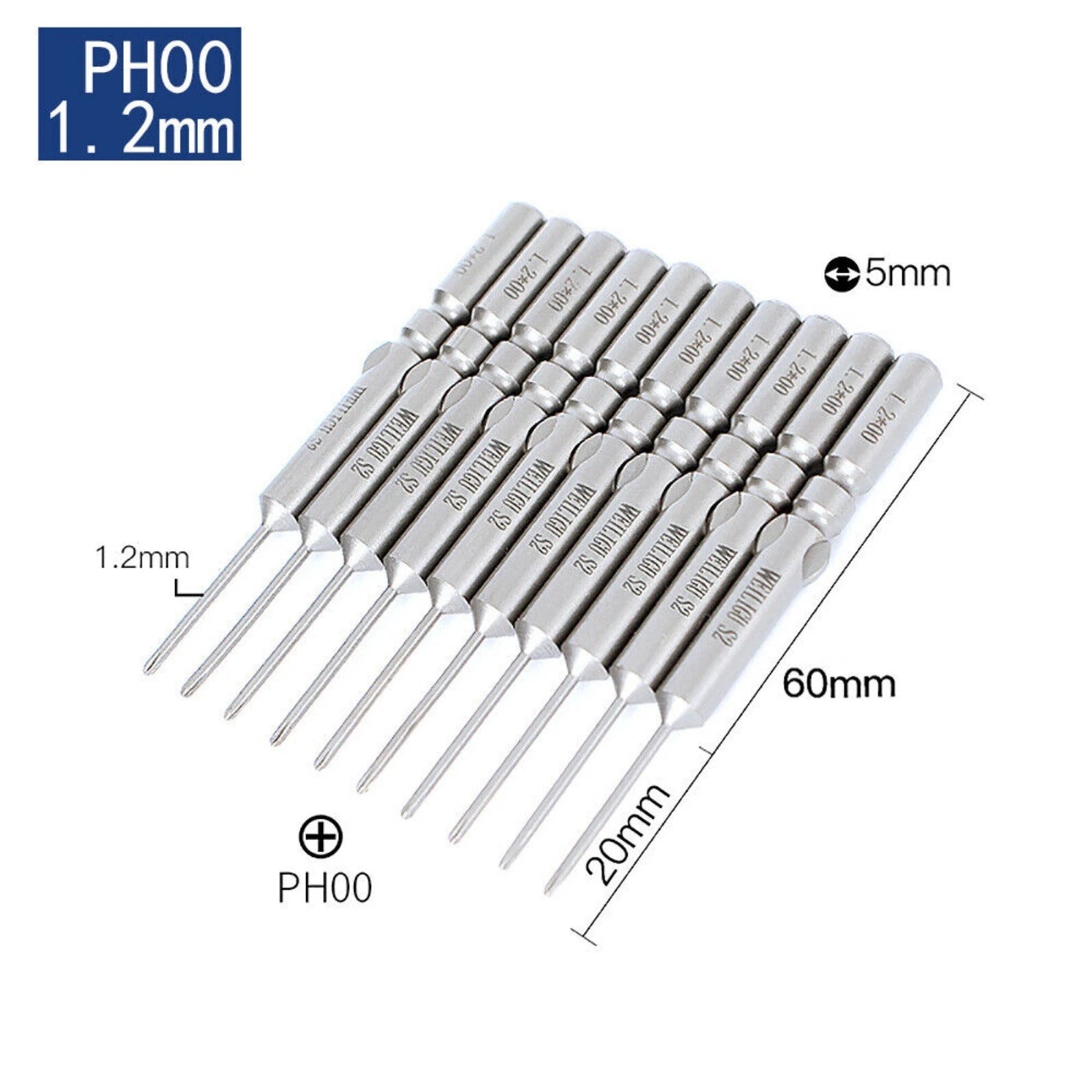 10Pc PH0 PH1 PH2 Phillips Head Screw Bit Set Impact Driver Drill 5mm Round Shank