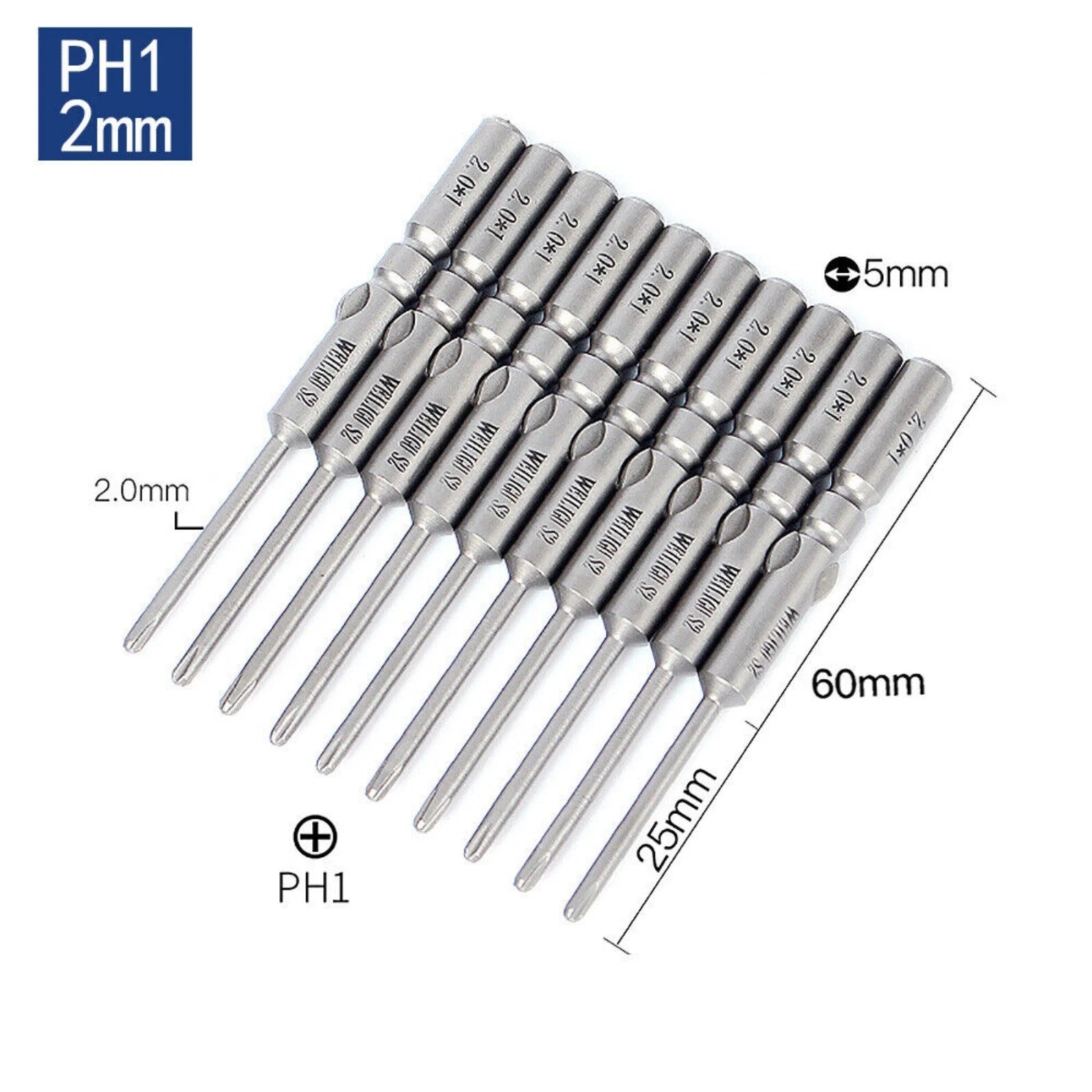 10Pc PH0 PH1 PH2 Phillips Head Screw Bit Set Impact Driver Drill 5mm Round Shank