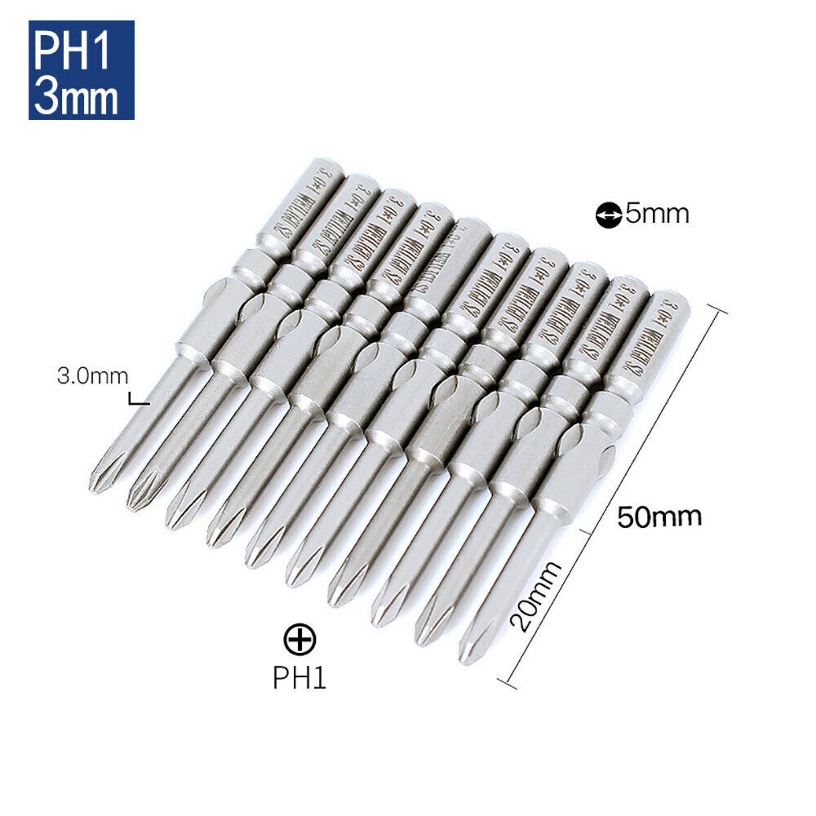 10Pc PH0 PH1 PH2 Phillips Head Screw Bit Set Impact Driver Drill 5mm Round Shank