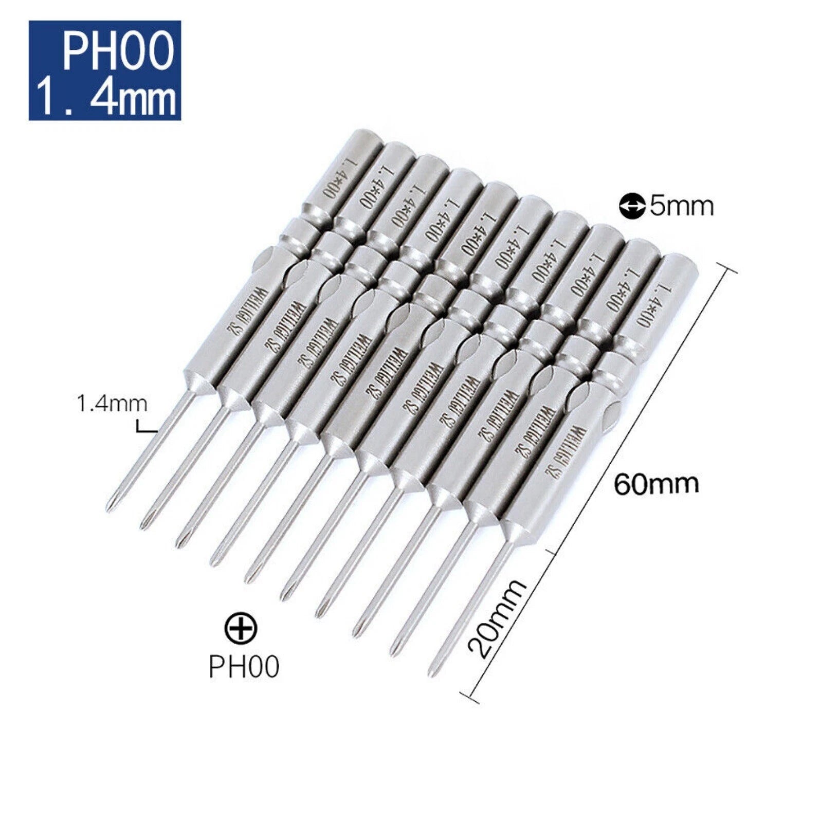 10Pc PH0 PH1 PH2 Phillips Head Screw Bit Set Impact Driver Drill 5mm Round Shank