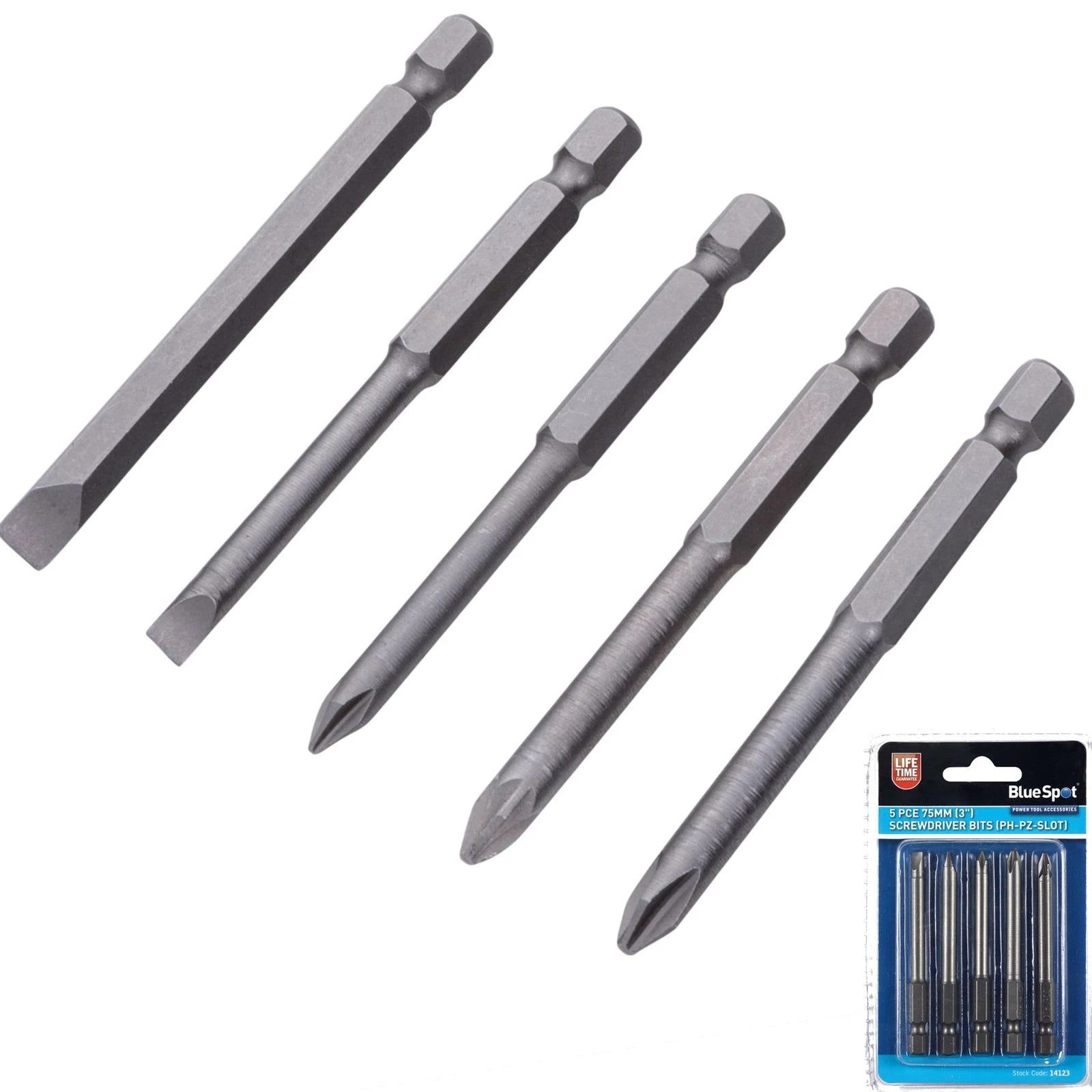 BlueSpot 5pc 75mm Long Screwdriver Drill Bits Flat Phillips Pozi Bit Set 1/4"