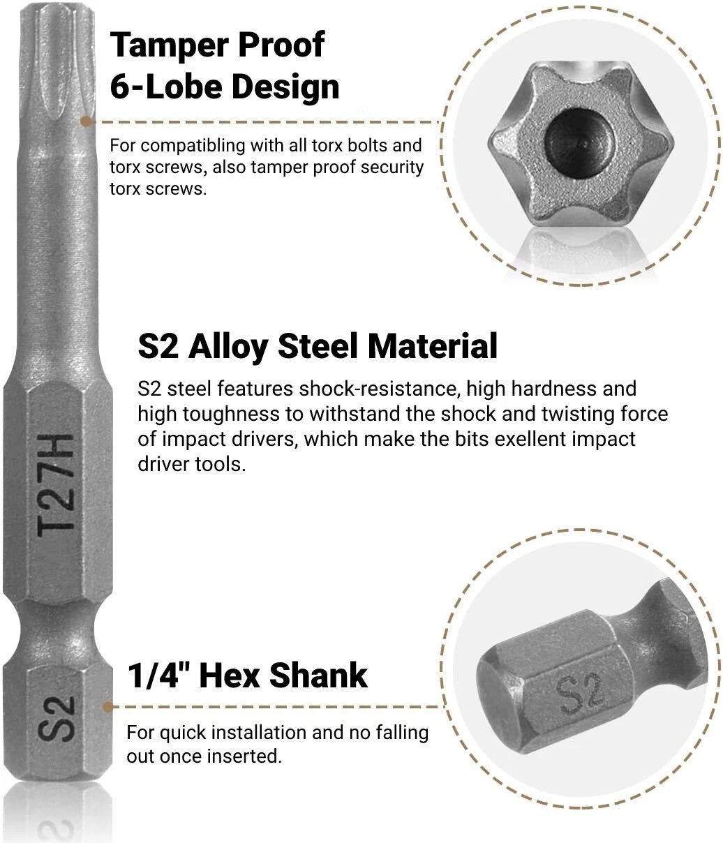 12PC Tamper Proof Star Impact Driver Bit Set Security Screwdriver Bits Hex Shank