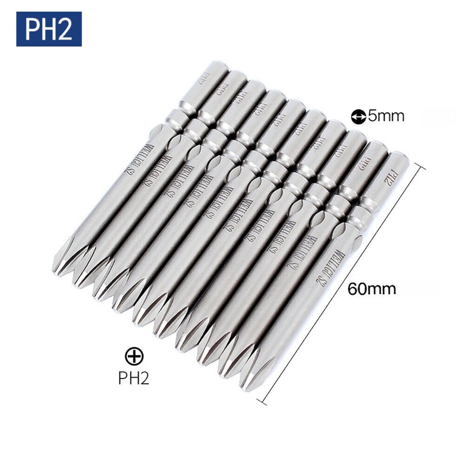 10Pc PH0 PH1 PH2 Phillips Head Screw Bit Set Impact Driver Drill 5mm Round Shank
