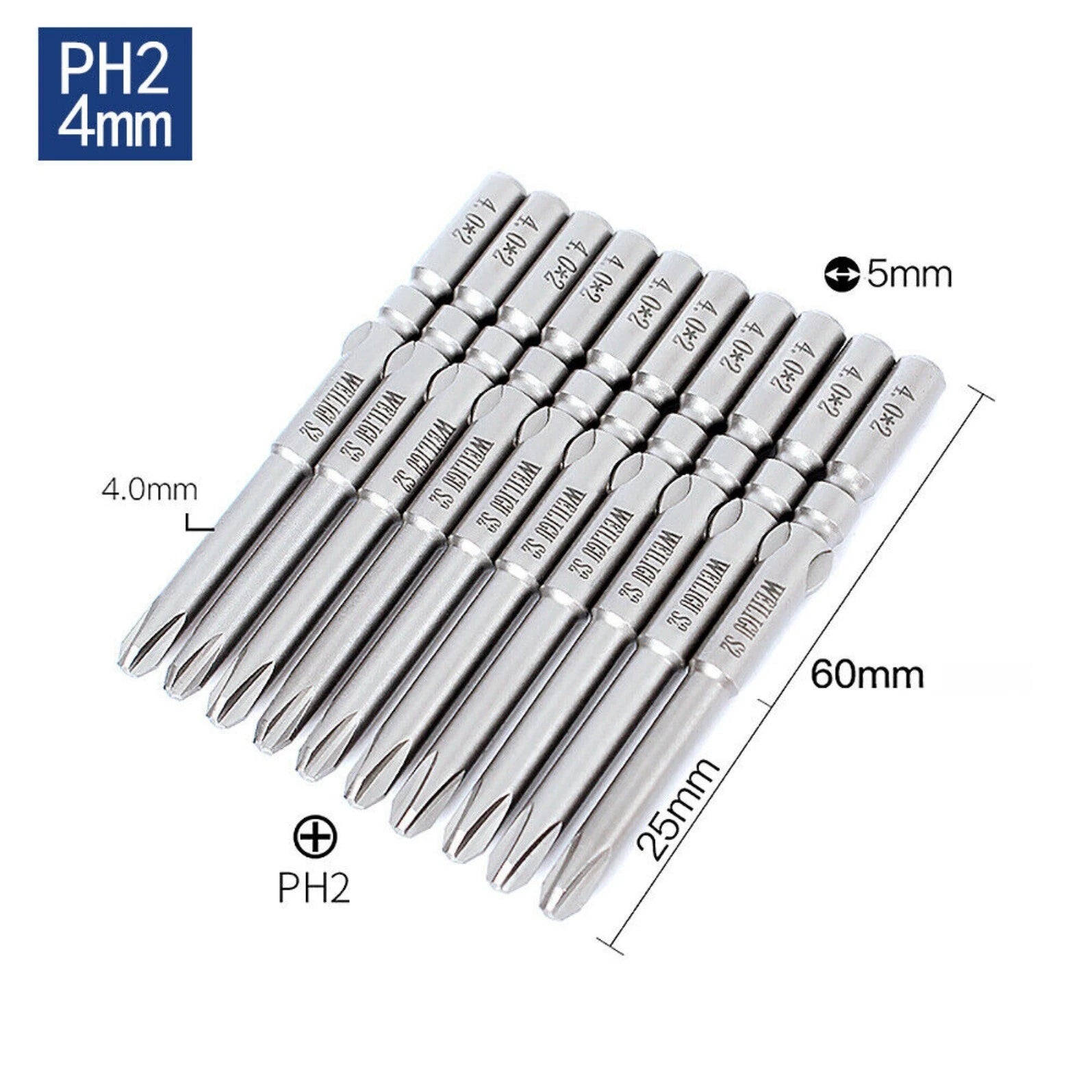 10Pc PH0 PH1 PH2 Phillips Head Screw Bit Set Impact Driver Drill 5mm Round Shank