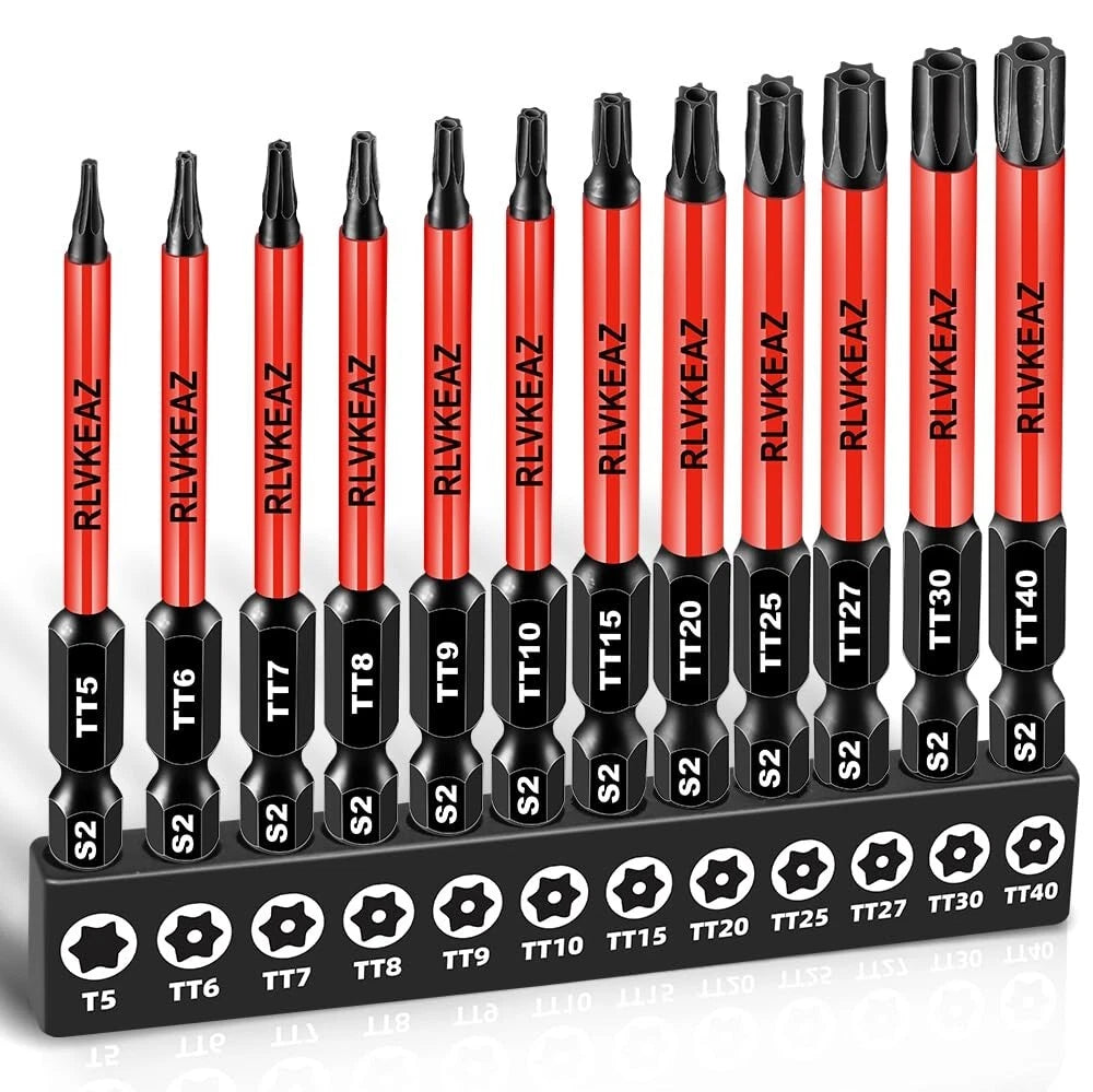 12-Piece Impact Security Torx Bit Set (T5-T40), 3-Inch Long S2 Steel 1/4" Hex
