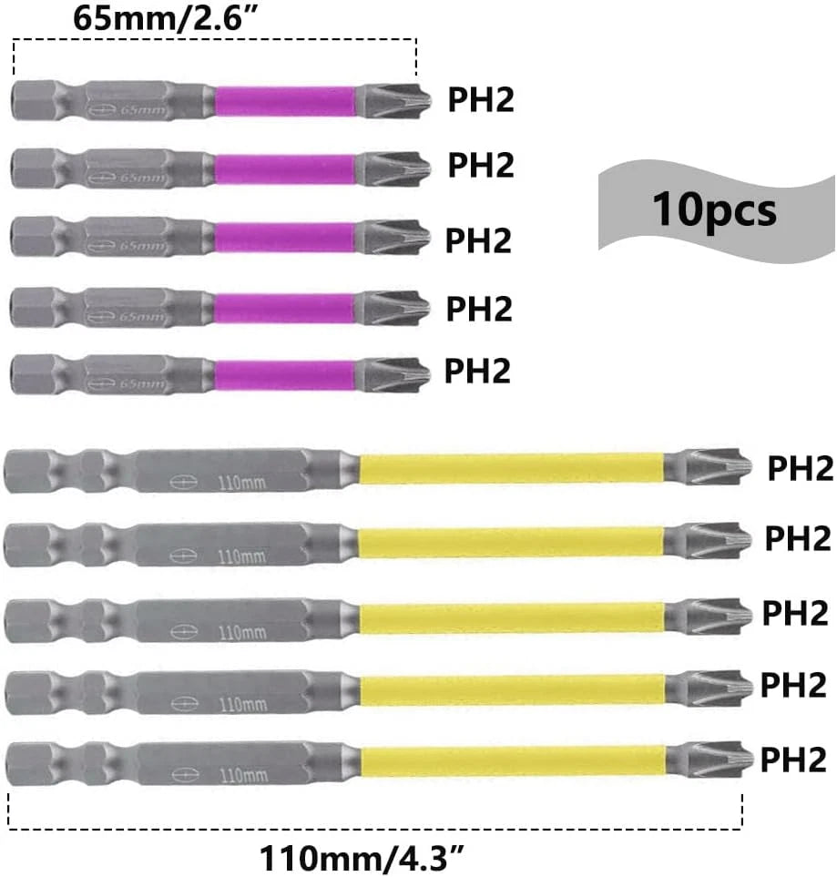 10Pcs Magnetic PH2 Special Slotted Phillips Screwdriver Bit Set for Electricians