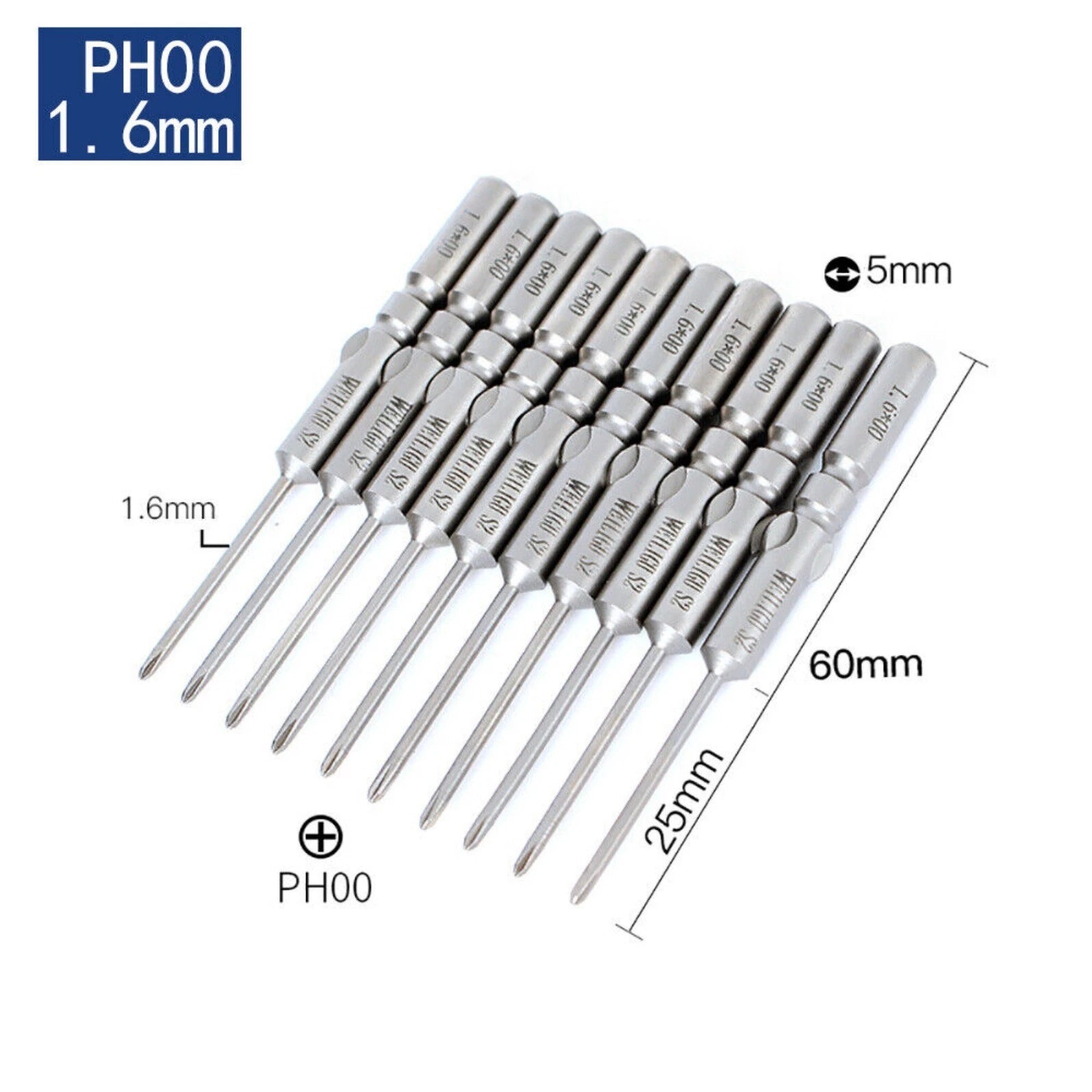 10Pc PH0 PH1 PH2 Phillips Head Screw Bit Set Impact Driver Drill 5mm Round Shank