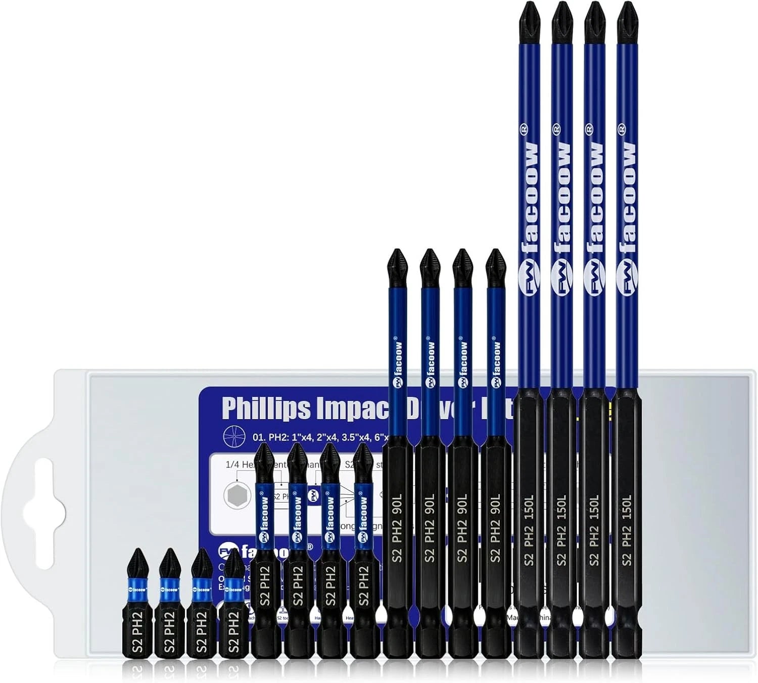 16 Pack Phillips Impact Driver Bits, #2 Head Magnetic PH2, Assorted