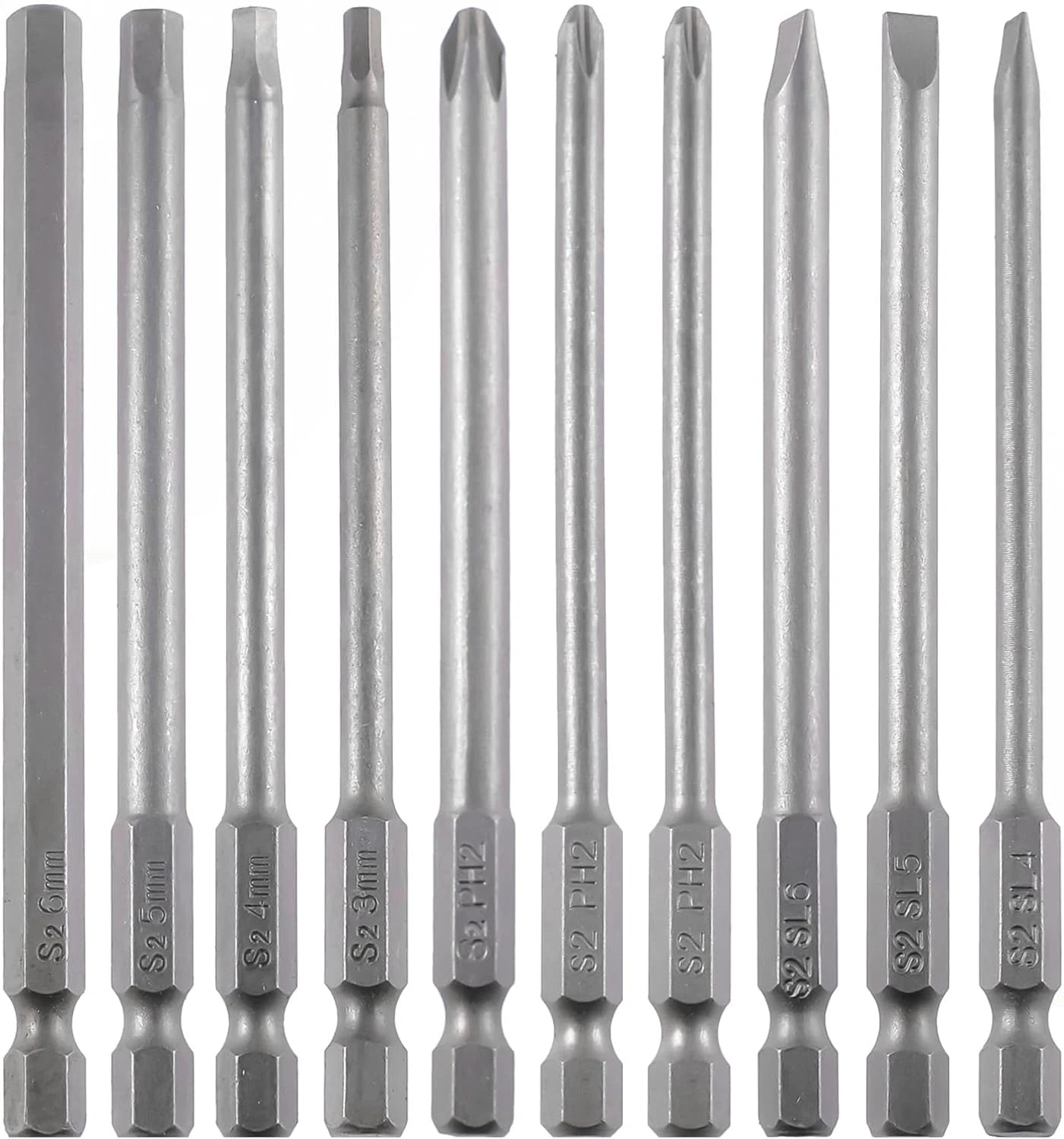 3-In-1 Assorted Long Screwdriver Bit Set Hex Slotted Phillips 10PCS 1/4 Inch He