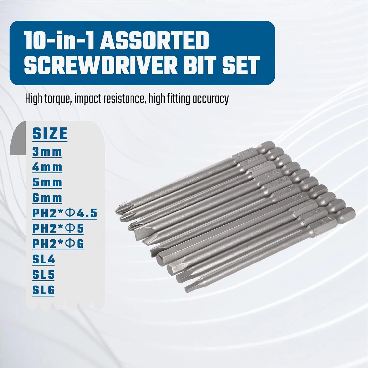 3-In-1 Assorted Long Screwdriver Bit Set Hex Slotted Phillips 10PCS 1/4 Inch He