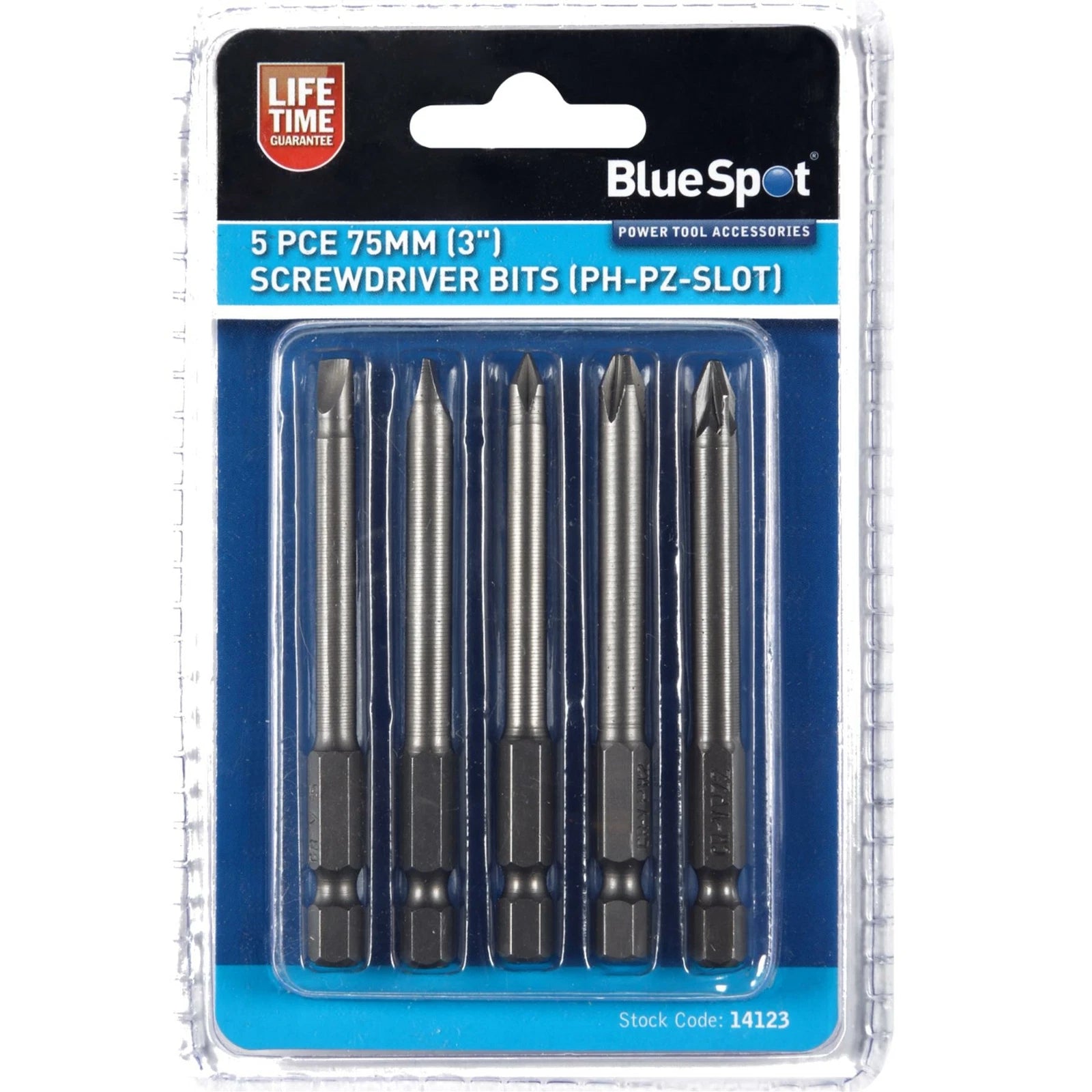 BlueSpot 5pc 75mm Long Screwdriver Drill Bits Flat Phillips Pozi Bit Set 1/4"