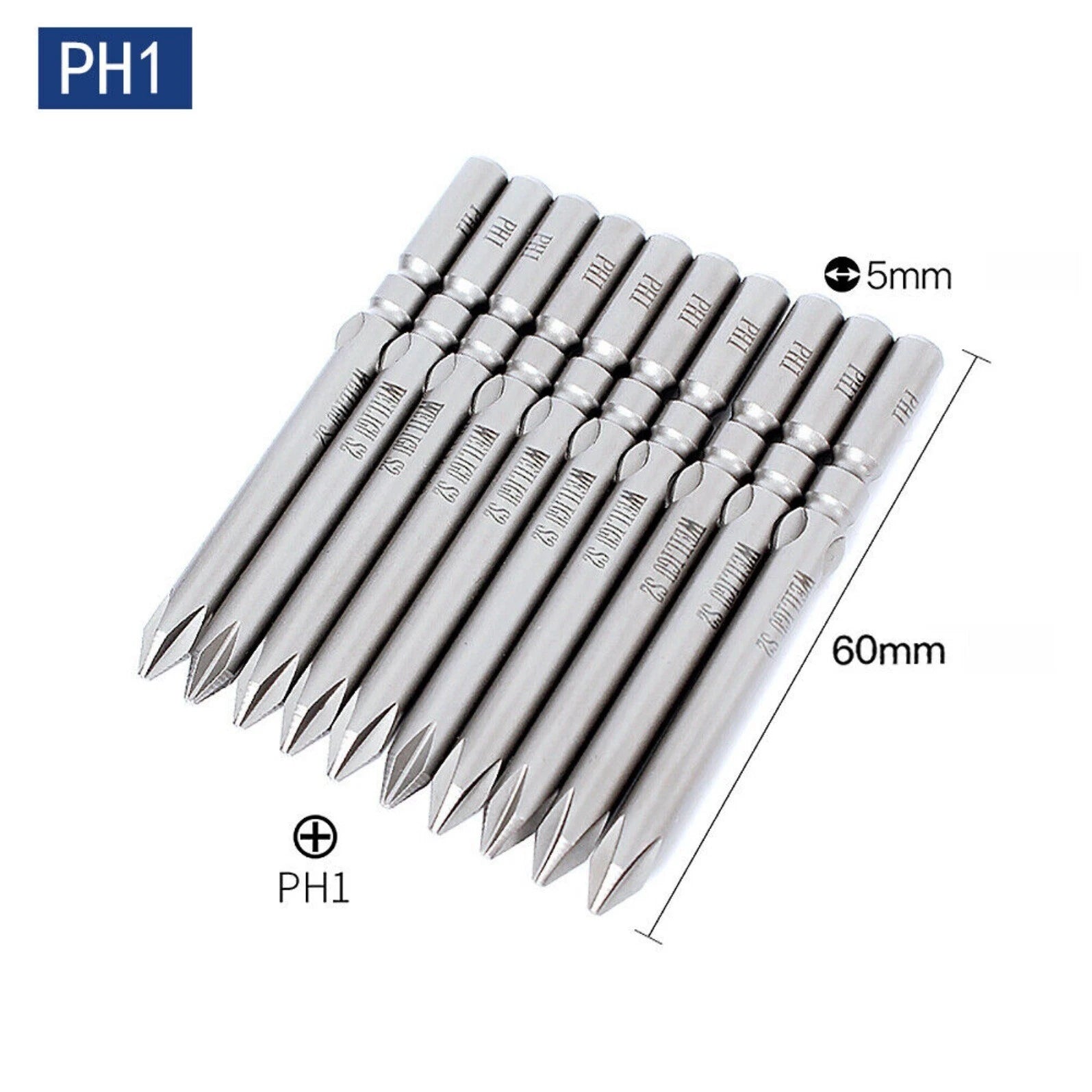 10Pc PH0 PH1 PH2 Phillips Head Screw Bit Set Impact Driver Drill 5mm Round Shank