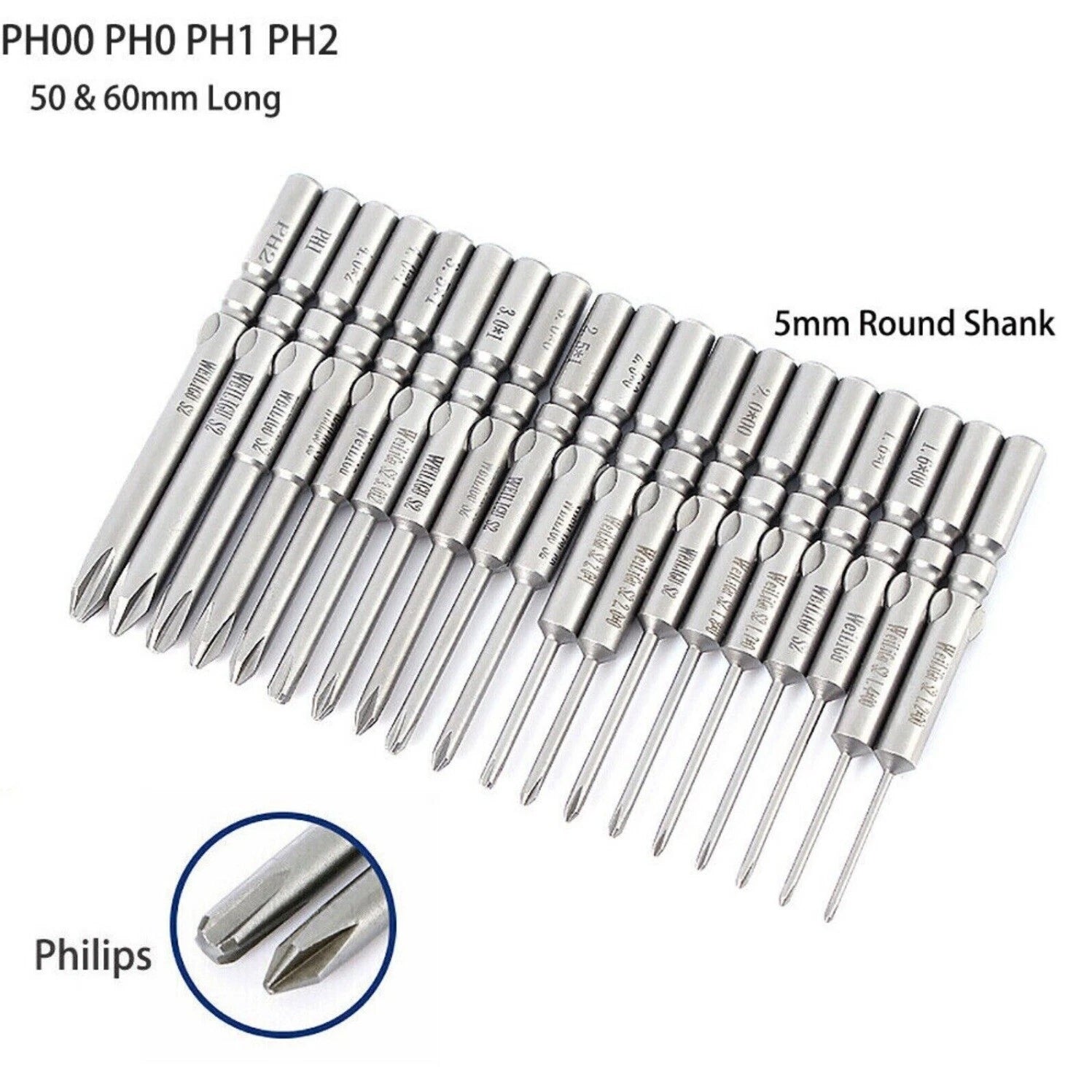 10Pc PH0 PH1 PH2 Phillips Head Screw Bit Set Impact Driver Drill 5mm Round Shank
