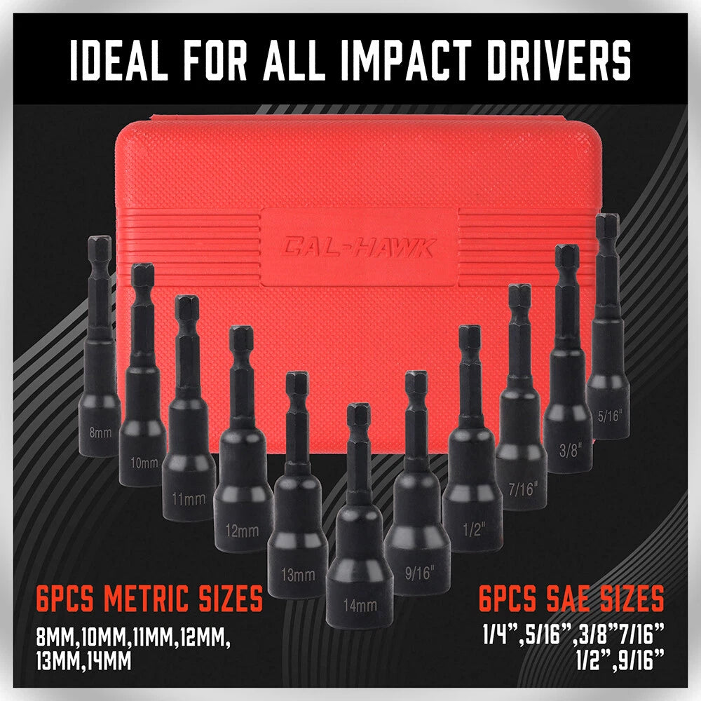 12pc Magnetic Nut Driver Setter Bit Nut Driver MM & SAE 1/4" Shank Quick Change