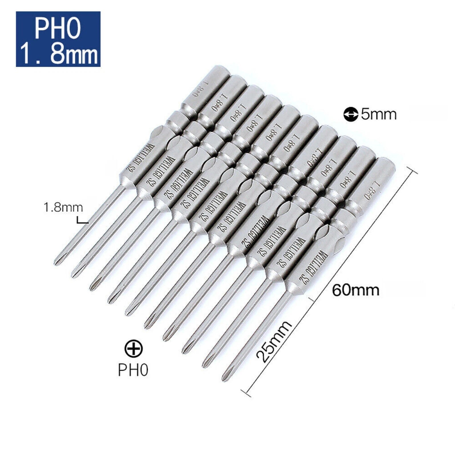 10Pc PH0 PH1 PH2 Phillips Head Screw Bit Set Impact Driver Drill 5mm Round Shank