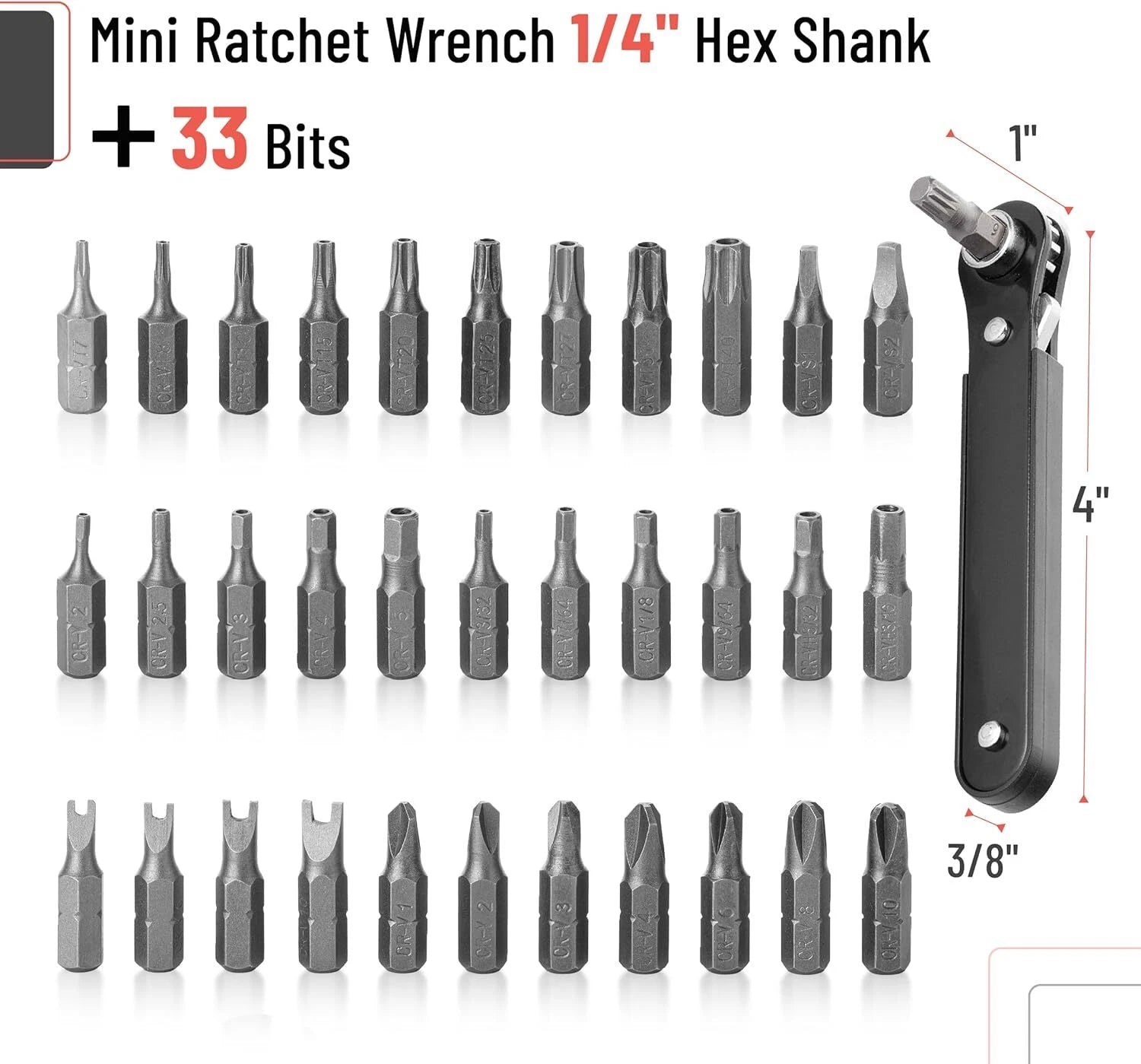 34 Pcs Mini Ratchet Set 1/4-Inch Drive, Tamper-Proof Security Bit, Right Angle