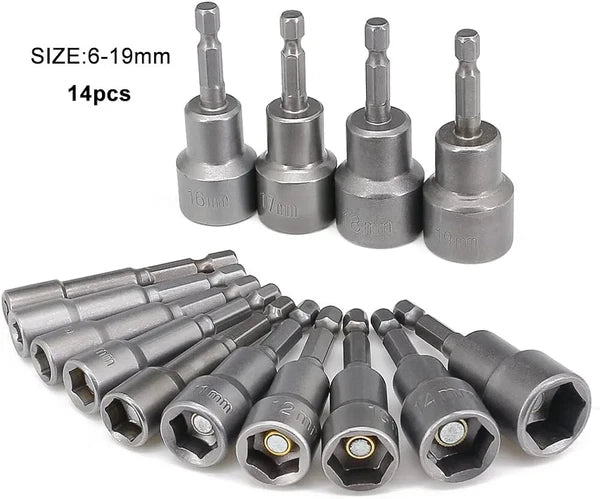 14X 1/4" 6 -19mm  Nut Driver Bit Sets  Magnetic Metric Socket Impact Drill