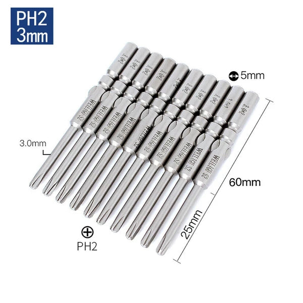 10Pc PH0 PH1 PH2 Phillips Head Screw Bit Set Impact Driver Drill 5mm Round Shank