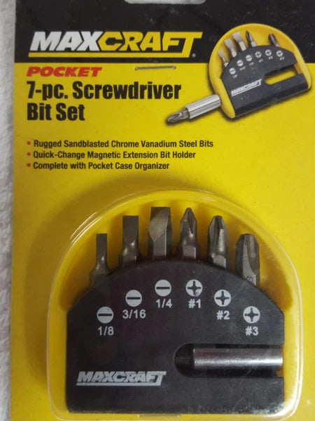 Maxcraft Pocket 7 piece screwdriver bit set new with case Chrome bits & holder