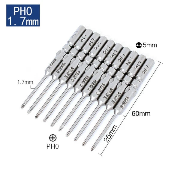 10Pc PH0 PH1 PH2 Phillips Head Screw Bit Set Impact Driver Drill 5mm Round Shank