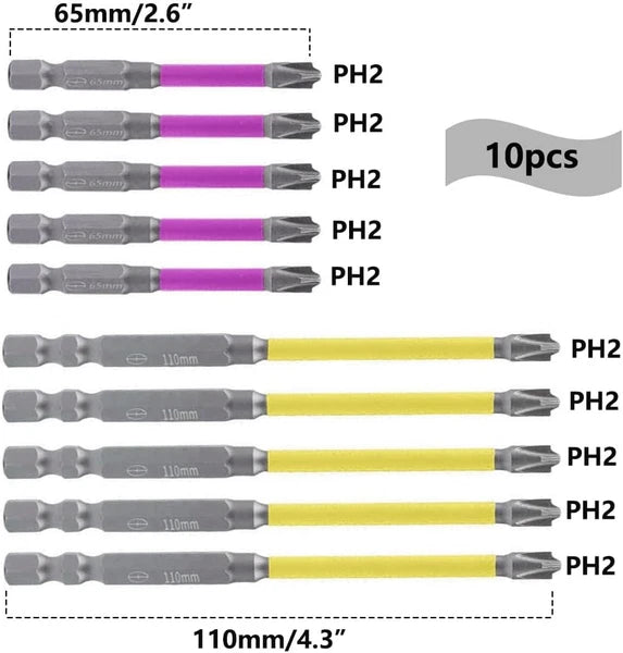 10Pcs Magnetic PH2 Special Slotted Phillips Screwdriver Bit Set for Electricians