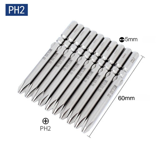 10Pc PH0 PH1 PH2 Phillips Head Screw Bit Set Impact Driver Drill 5mm Round Shank