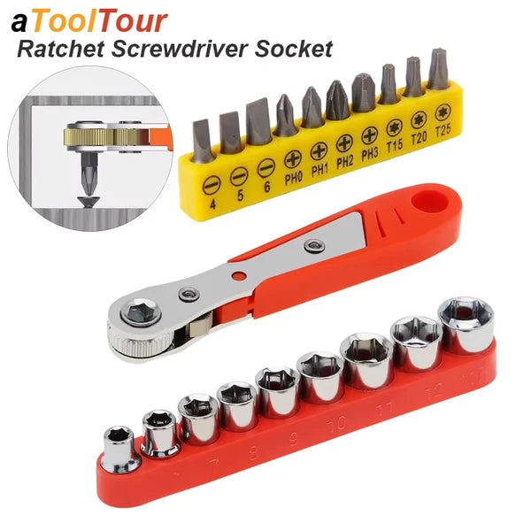 Ratchet Wrench Set Right Angle – Metric Socket & Screwdriver Bits with 1/4 Drive