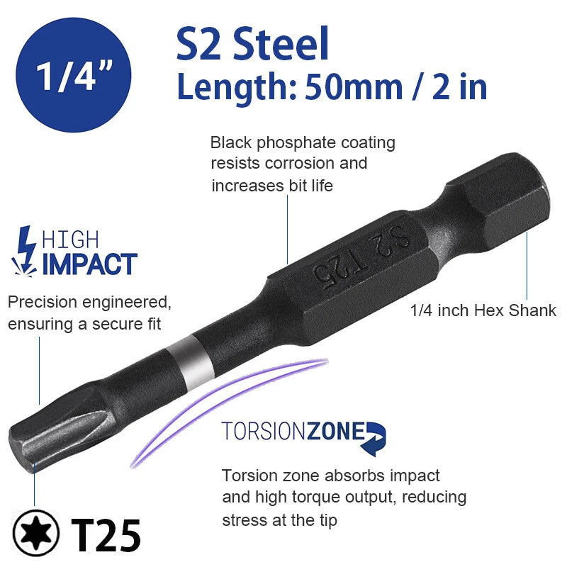 10pc T25 Impact Torx Bit Set 2" Power Screwdriver Drill Bits Star 1/4" Hex Shank