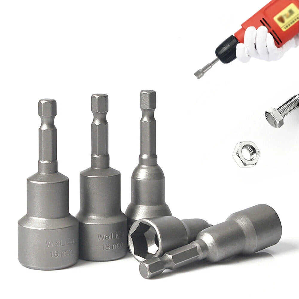 Shank Nut Driver Bit Set Hex Magnetic Metric Socket Impact Drill 3mm-24mm 1/4"