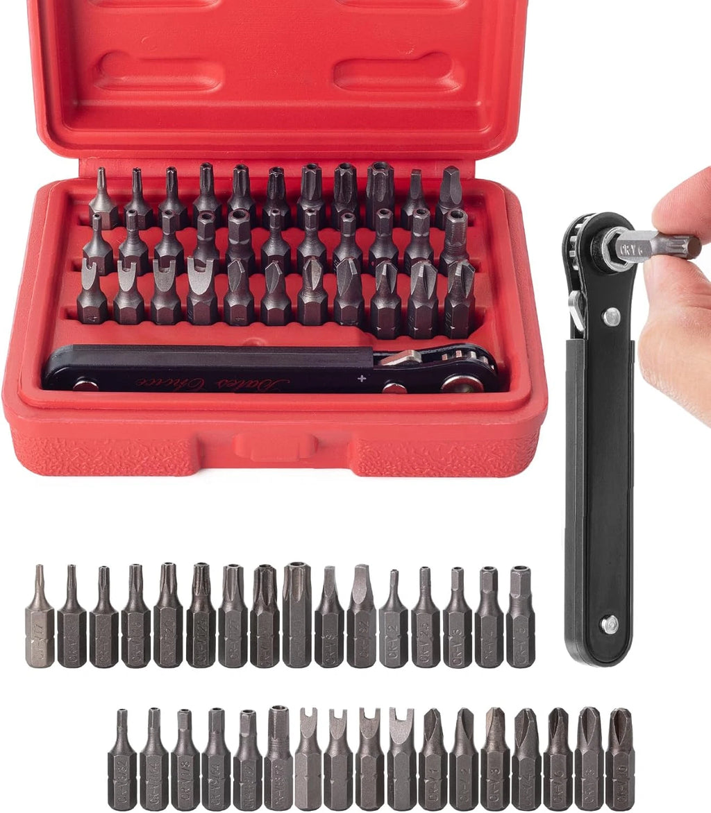 34 Pcs Mini Ratchet Set 1/4-Inch Drive, Tamper-Proof Security Bit, Right Angle