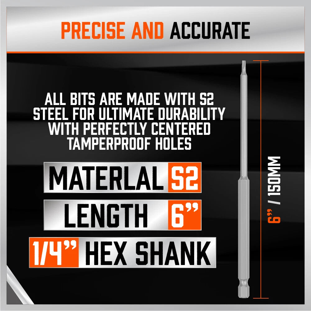 32 Pcs 1/4" Shank Extra Long Security Power Bit Set 6" Tamper Proof S2 Steel.