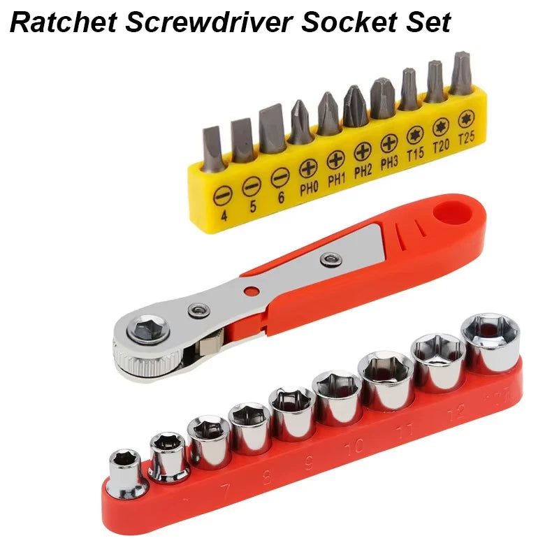 Ratchet Wrench Set Right Angle – Metric Socket & Screwdriver Bits with 1/4 Drive