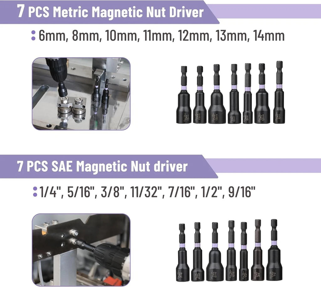 21 PCS Magnetic Nut Driver Set, 1/4" Hex Shank, Metric and SAE, Impact Drill Soc