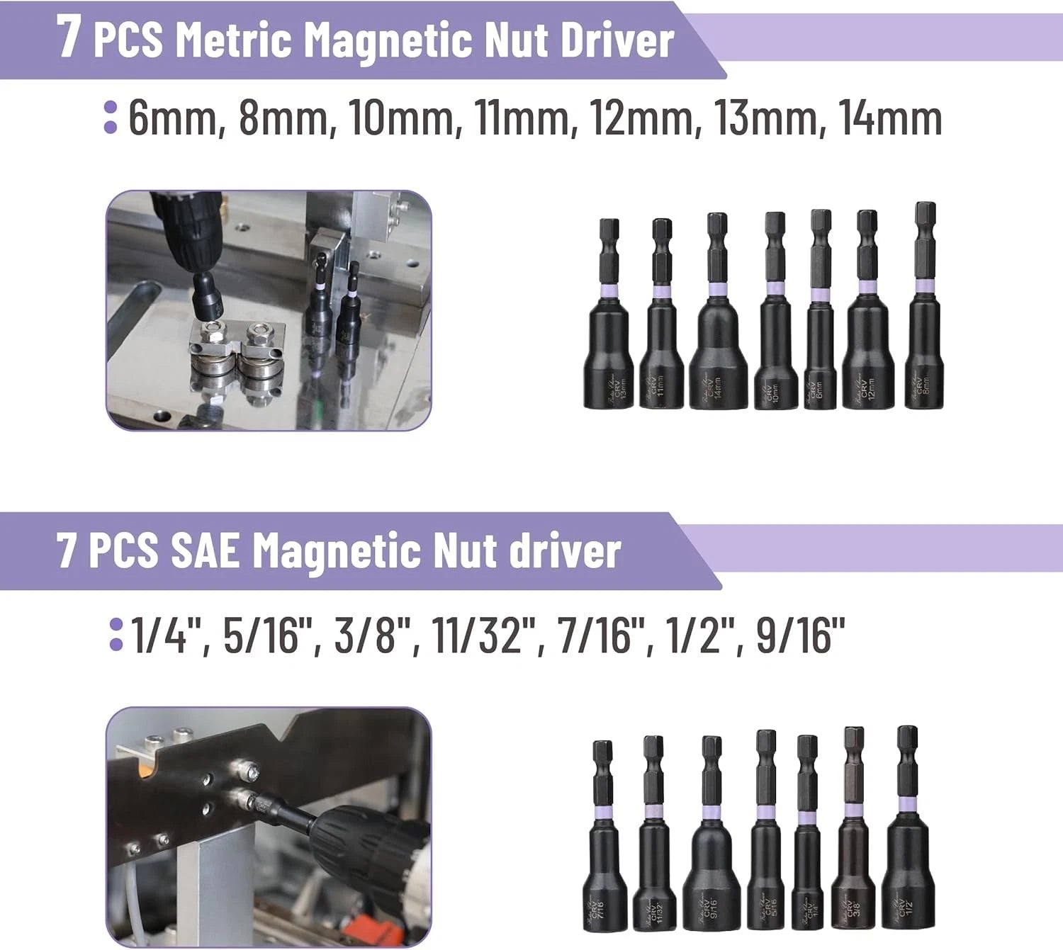 21 PCS Magnetic Nut Driver Set, 1/4" Hex Shank, Metric and SAE, Impact Drill Soc