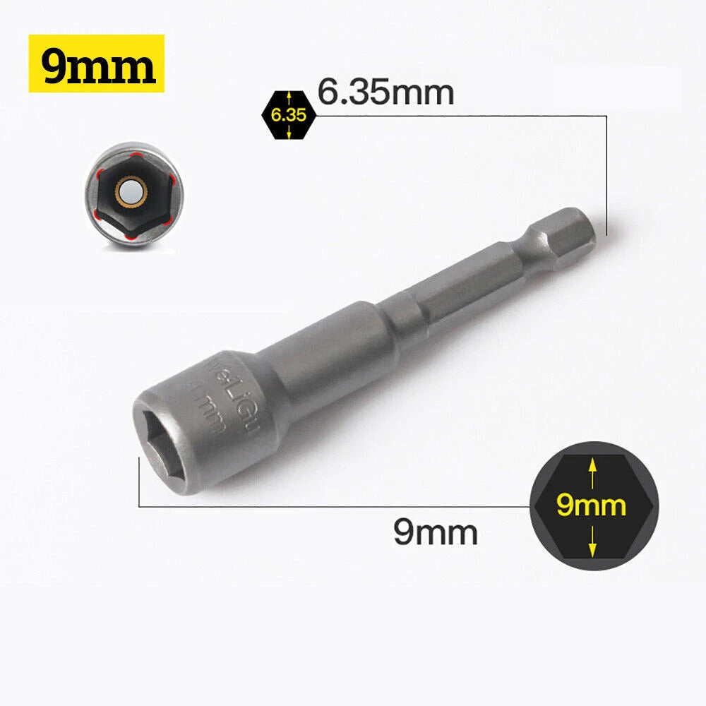 Shank Nut Driver Bit Set Hex Magnetic Metric Socket Impact Drill 3mm-24mm 1/4"