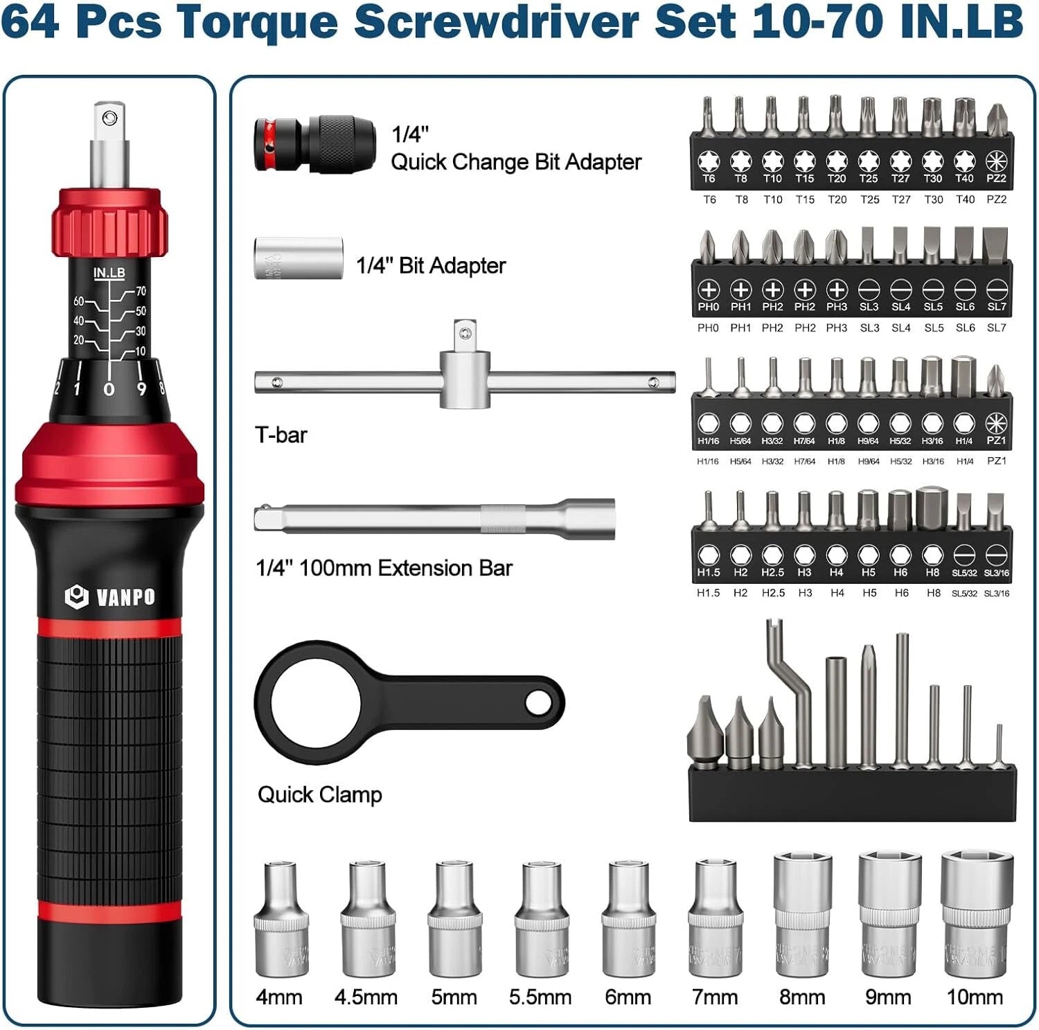 Torque Screwdriver, 64 Pcs 10-70 Inch Pound Torque Screwdriver Set with T-Bar Ha