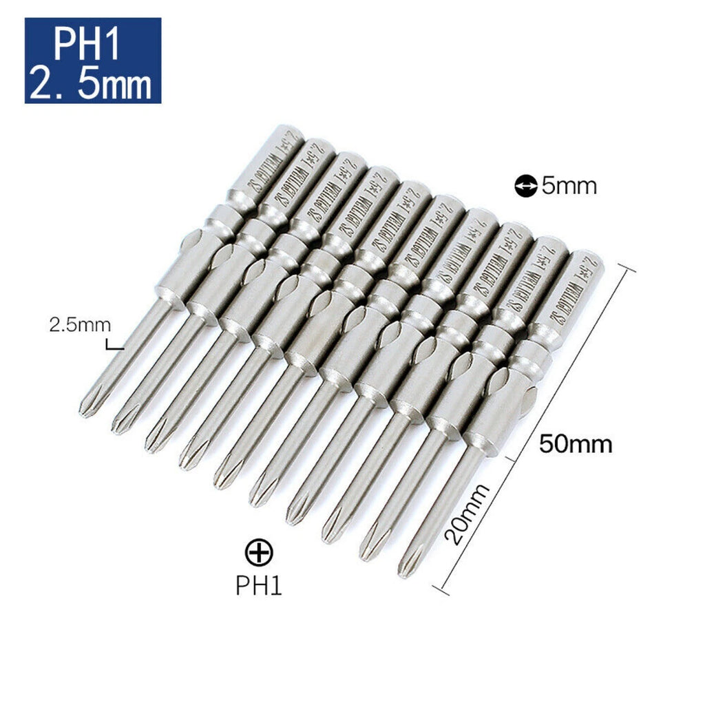 10Pc PH0 PH1 PH2 Phillips Head Screw Bit Set Impact Driver Drill 5mm Round Shank