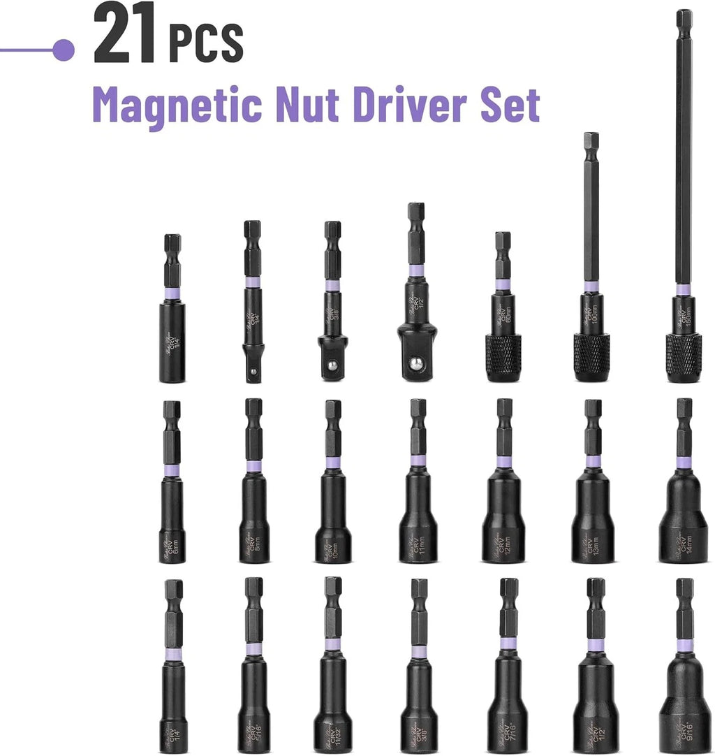 21 PCS Magnetic Nut Driver Set, 1/4" Hex Shank, Metric and SAE, Impact Drill Soc