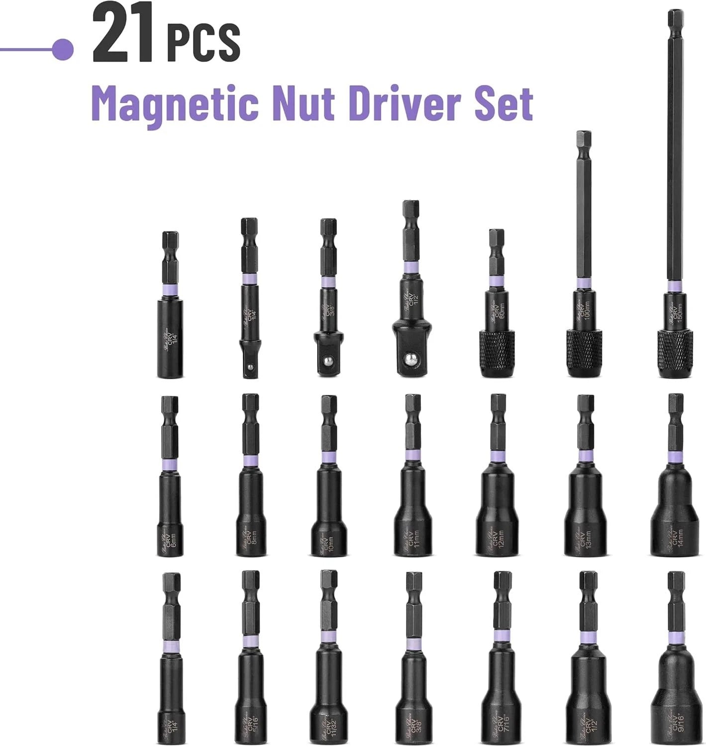 21 PCS Magnetic Nut Driver Set, 1/4" Hex Shank, Metric and SAE, Impact Drill Soc