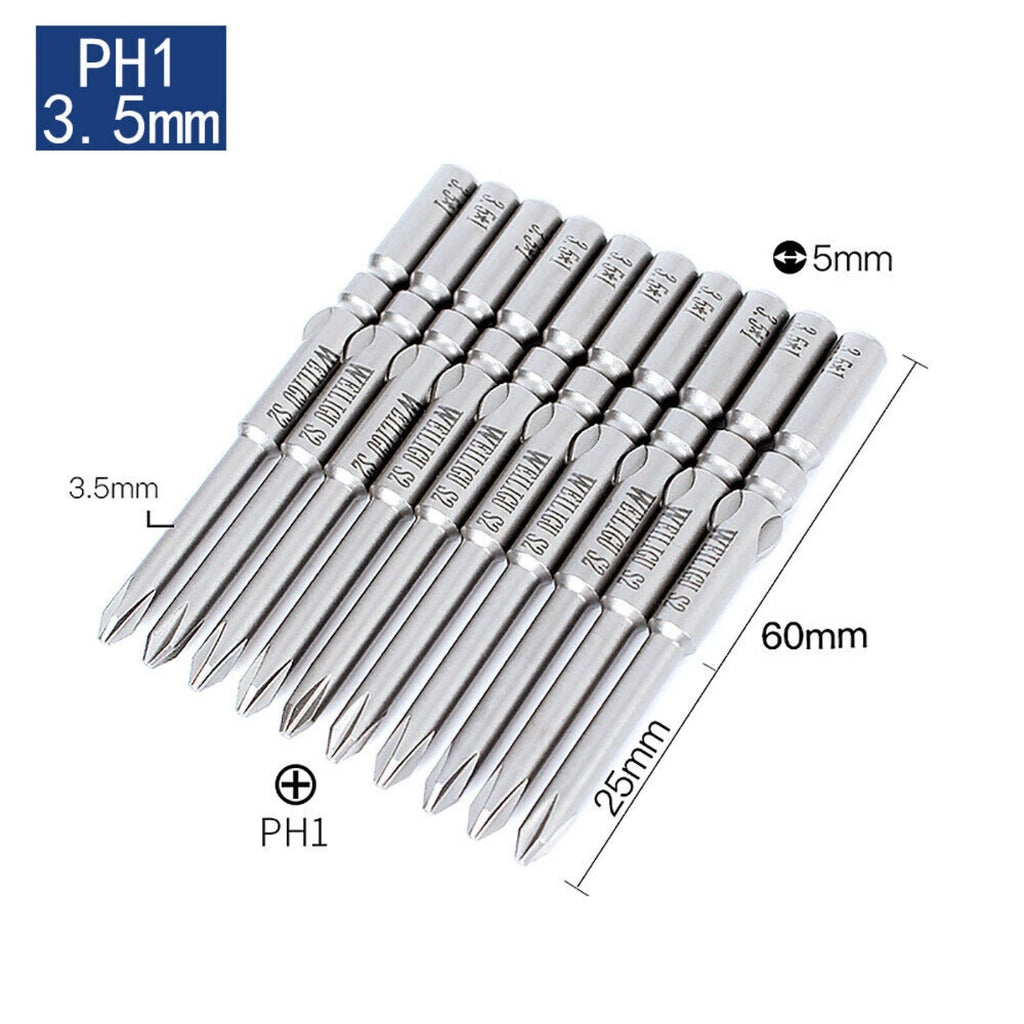 10Pc PH0 PH1 PH2 Phillips Head Screw Bit Set Impact Driver Drill 5mm Round Shank