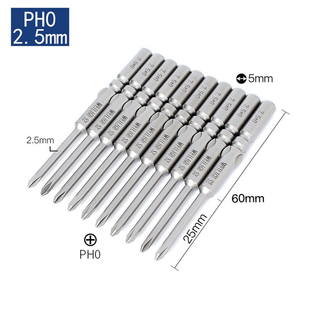 10Pc PH0 PH1 PH2 Phillips Head Screw Bit Set Impact Driver Drill 5mm Round Shank