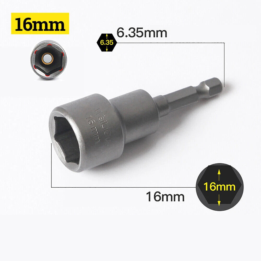 Shank Nut Driver Bit Set Hex Magnetic Metric Socket Impact Drill 3mm-24mm 1/4"