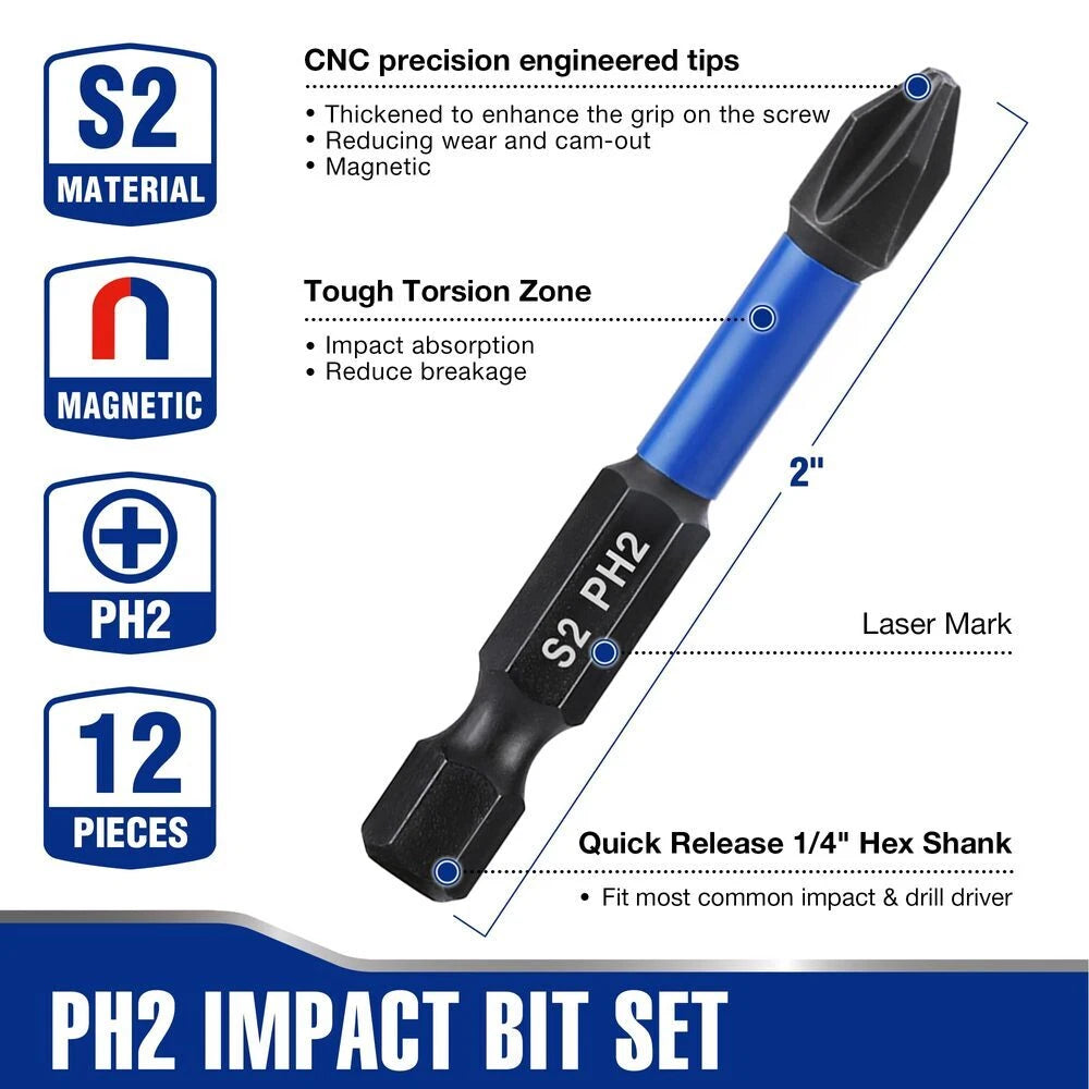 WORKPRO PH2 Impact Phillips Screwdriver Bit Set 12PCS 1/4" Hex-Shank Driver Bits
