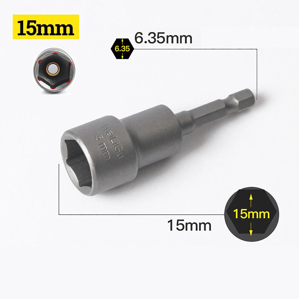Shank Nut Driver Bit Set Hex Magnetic Metric Socket Impact Drill 3mm-24mm 1/4"